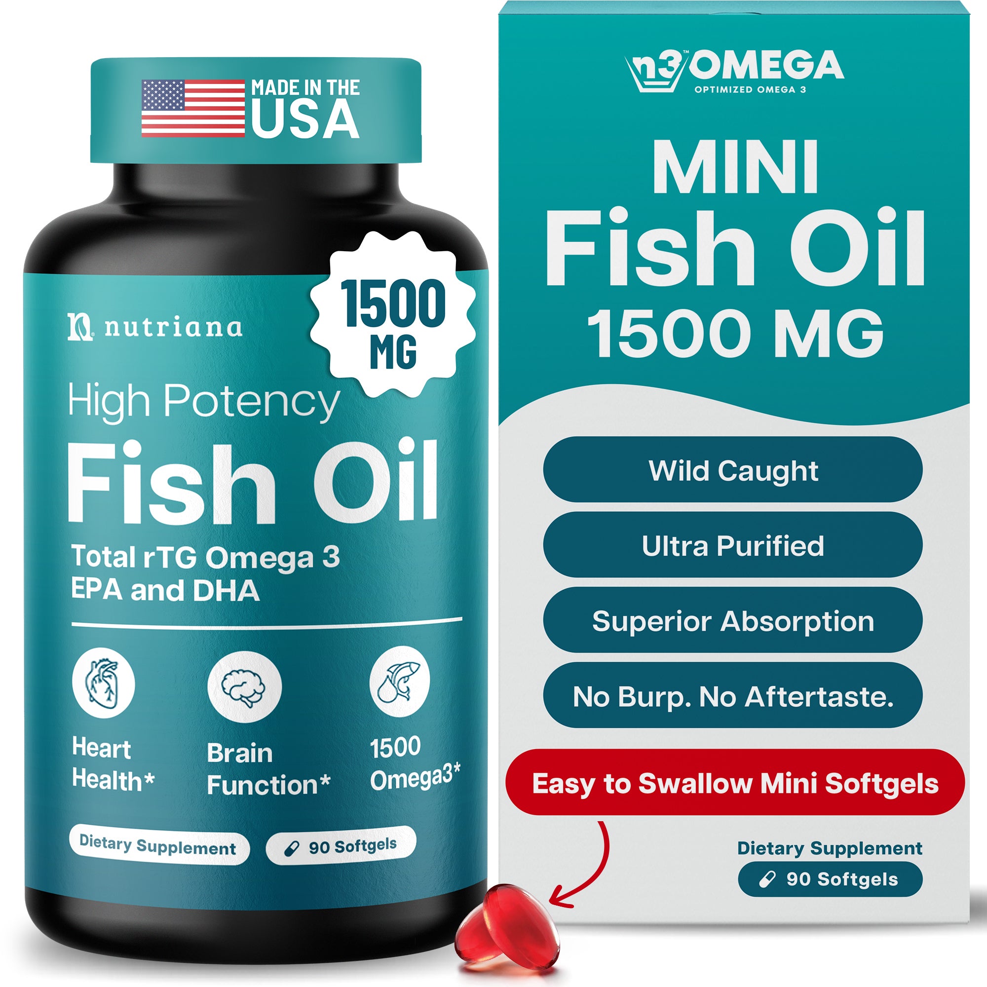 Nutriana Omega 3 Fish Oil 1500mg - High Potency Total rTG DHA & EPA Omega 3 Supplement - Triple Strength Fish Oil Supplements for Brain Health Liver Health & Immune Support - 90 Fish Oil Capsules